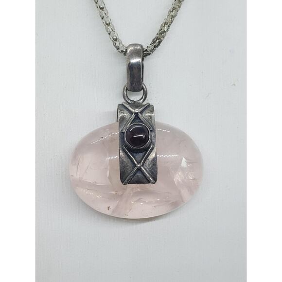 Sterling Silver 925 Rose Quartz & Garnet Cabochon Necklace On Snake Chain - Picture 13 of 13